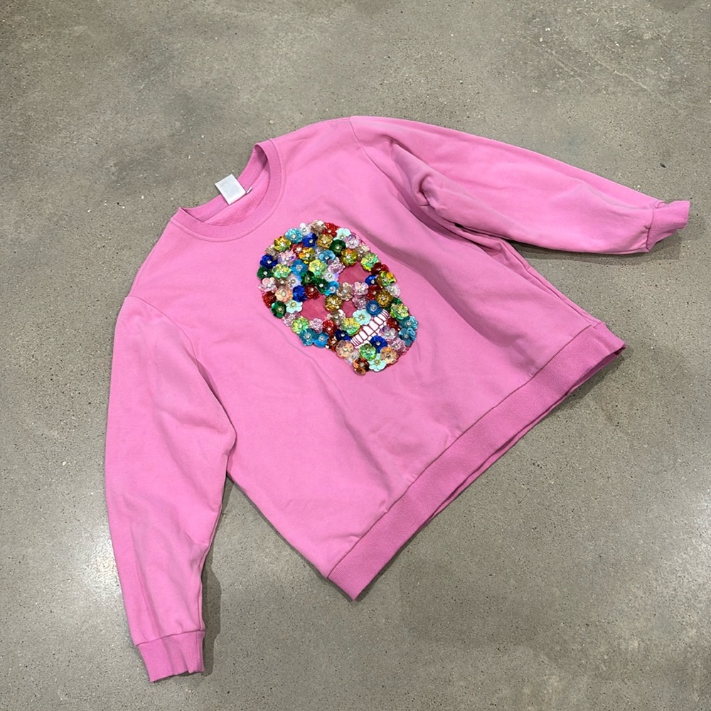 QUEEN OF SPARKLES Pink Sweatshirt with Colorful Skull Design